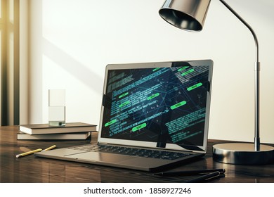Abstract creative coding illustration on modern computer monitor, software development concept. 3D Rendering
