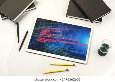 Abstract creative coding illustration on modern digital tablet display, software development concept. Top view. 3D Rendering