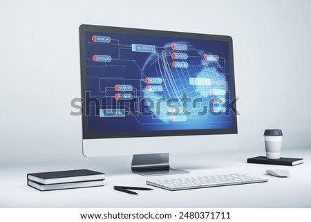 Abstract creative coding illustration with world map on modern computer monitor, international software development concept. 3D Rendering