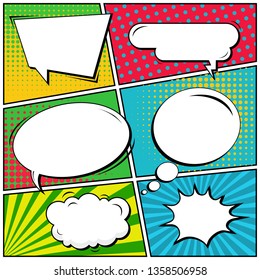 Abstract Creative Concept Comic Pop Art Style Blank, Layout Template With Clouds Beams And Isolated Dots Background. For Sale Banner, Empty Speech Bubble Set, Illustration Halftone Book Design.