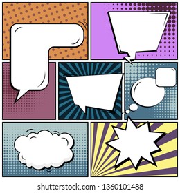 Abstract creative concept comic pop art style blank, layout template with clouds beams and isolated dots background. For sale banner, empty speech bubble set, illustration halftone book design.
