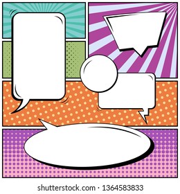 Abstract creative concept comic pop art style blank, layout template with clouds beams and isolated dots background. For sale banner, empty speech bubble set, illustration halftone book design.