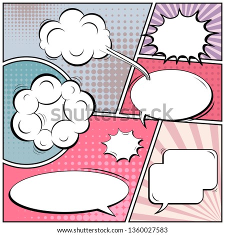 Abstract creative concept comic pop art style blank, layout template with clouds beams and isolated dots background. For sale banner, empty speech bubble set, illustration halftone book design.