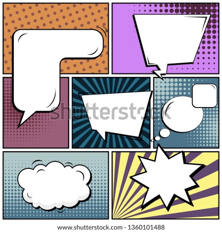 Abstract creative concept comic pop art style blank, layout template with clouds beams and isolated dots background. For sale banner, empty speech bubble set, illustration halftone book design.