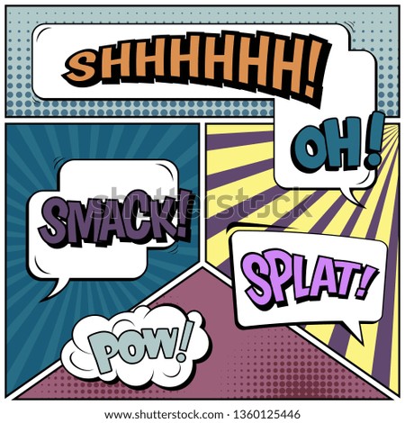 Abstract creative concept comic pop art style blank, layout template with clouds beams and isolated dots background. For sale banner, empty speech bubble set, illustration halftone book design.