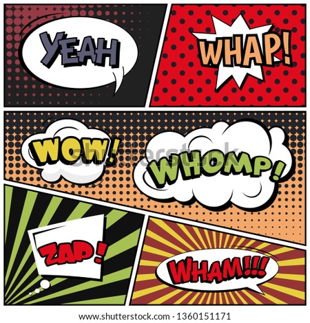 Abstract creative concept comic pop art style blank, layout template with clouds beams and isolated dots background. For sale banner, empty speech bubble set, illustration halftone book design.