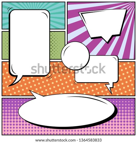 Abstract creative concept comic pop art style blank, layout template with clouds beams and isolated dots background. For sale banner, empty speech bubble set, illustration halftone book design.