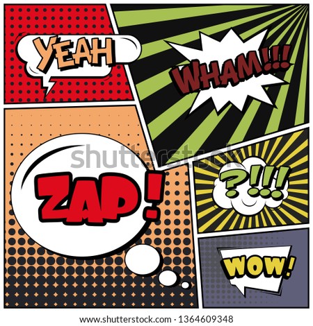 Abstract creative concept comic pop art style blank, layout template with clouds beams and isolated dots background. For sale banner, empty speech bubble set, illustration halftone book design.
