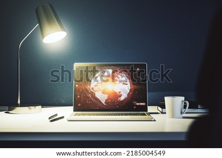 Abstract creative digital world map on modern laptop monitor, tourism and traveling concept. 3D Rendering