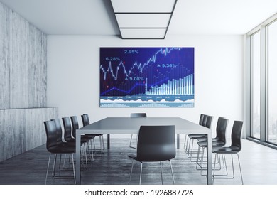 Abstract creative financial chart on presentation tv screen in a modern meeting room, research and analytics concept. 3D Rendering - Powered by Shutterstock