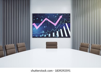 Abstract creative financial graph with upward arrow on presentation screen in a modern conference room, forex and investment concept. 3D Rendering - Powered by Shutterstock