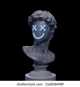 Abstract Creative Illustration From 3D Rendering Of Male Faceless Classical Marble Bust With Blue Neon Emoticon Style Face Isolated On Black Background.