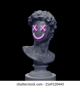 Abstract Creative Illustration From 3D Rendering Of Male Faceless Classical Marble Bust With Pink Neon Emoticon Style Face Isolated On Black Background.