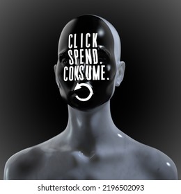 Abstract Creative Illustration From 3D Rendering Of Female White Marble Bust Figure With Black Face Holding CLICK.SPEND.CONSUME.REPEAT Slogan And Isolated On Background.