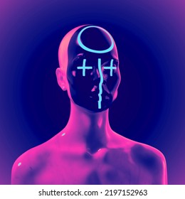 Abstract Creative Illustration From 3D Rendering Of Female White Marble Bust Figure With Black Emoticon Style White Signs Lit Face Isolated On Background In Vaporwave Style Color Palette.