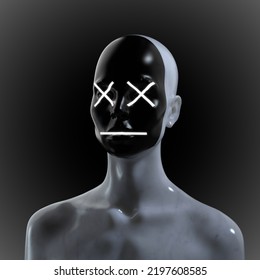 Abstract Creative Illustration From 3D Rendering Of Female White Marble Bust Figure With Black Emoticon Style White Cross Eyes Lit Face Isolated On Background.