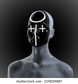 Abstract Creative Illustration From 3D Rendering Of Female White Marble Bust Figure With Black Emoticon Style White Signs Lit Face Isolated On Background.