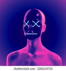 Abstract Creative Illustration From 3D Rendering Of Female White Marble Bust Figure With Black Emoticon Style White Cross Eyes Lit Face Isolated On Background In Vaporwave Style Color Palette.