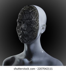 Abstract Creative Illustration From 3D Rendering Of Female White Marble Bust Figure With Metallic Mesh Polygonal Face Isolated On Dark Background