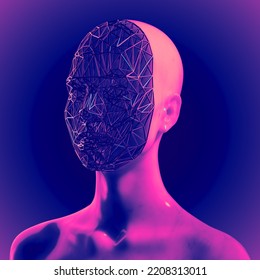 Abstract Creative Illustration From 3D Rendering Of Female Bust Figure With Metallic Mesh Polygonal Face Isolated On Background In Vaporwave Style Color Palette.