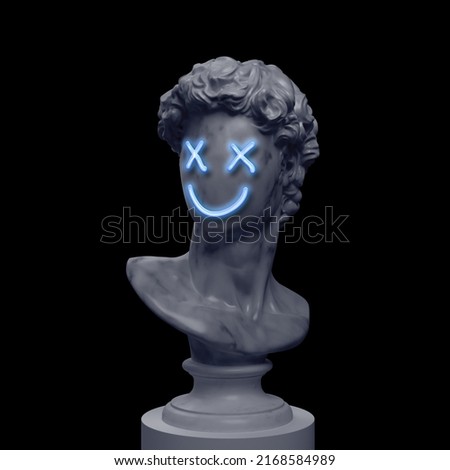 Abstract creative illustration from 3D rendering of male faceless classical marble bust with blue neon emoticon style face isolated on black background.
