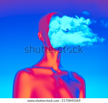 Abstract creative illustration from 3D rendering of female bust figure with cloudy face isolated on blue sky background in vaporwave style color palette gradient.