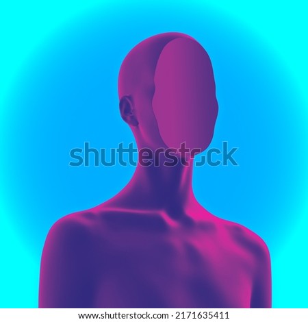 Abstract creative illustration from 3D rendering of female bust figure with flat anonymous face isolated on gradient background in vaporwave style colors. 