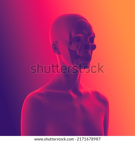 Abstract creative illustration from 3D rendering of skull face female bust figure in vaporwave style color palette and isolated on background.