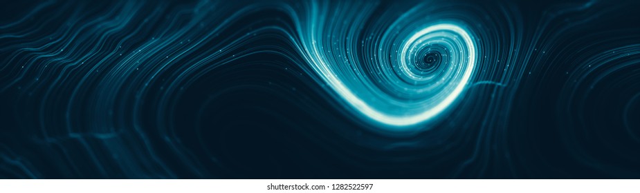 Abstract creative modern ultra wide background. Neon glowing twisted cosmic lines. Beautiful swirls, bright turbulence curls. Smooth astronomy vortex structure. 3d rendering