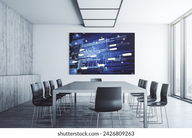 Abstract creative programming illustration on presentation monitor in a modern boardroom, big data and blockchain concept. 3D Rendering