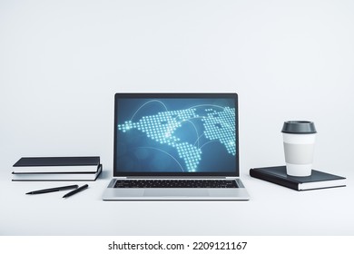 Abstract creative world map with connections on modern laptop screen, international trading concept. 3D Rendering
