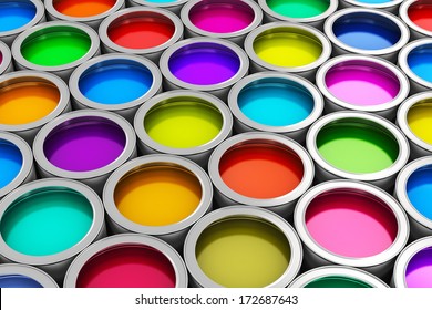 Abstract Creativity Concept: Group Of Tin Metal Cans With Color Paint Dye