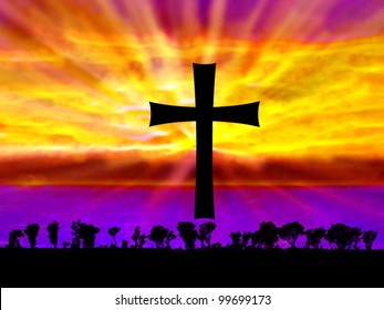 Abstract Cristian Cross over Sea with Nature Silhouette