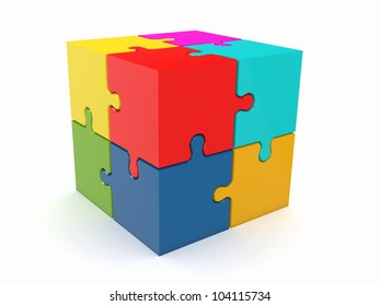 Abstract cube from puzzle on white background. 3d