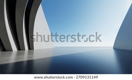 Abstract curved architecture background, Empty exterior space with concrete floor, Futuristic modern building for car presentation backdrop, 3d rendering