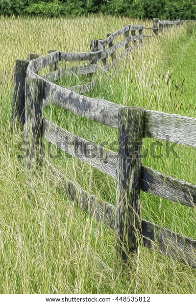 Abstract of curved split-rail fence between\
pastures with tall grass on onetime equestrian estate now a county\
preserve, with digital oil-painting effect, for vintage, rural, and\
environmental\
themes