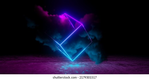 Abstract Cyan Blue And Pink Neon Glowing Wireframe Cube With Large Smoke Cloud And Shiny Floor, 3D Illustration