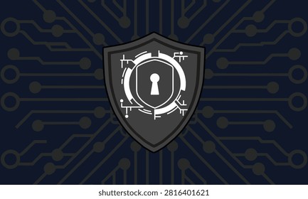 Abstract cyber security shield icon vector illustration, digital privacy protection concept with a white keyhole on dark grey shield and black circuit board background.