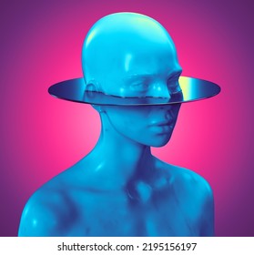 Abstract Cyberpunk Concept Illustration From 3D Rendering Of A Female Bust Sculpture Head-cut By A Shining Metal Disc And Isolated On Background In Colourful Vaporwave Style.