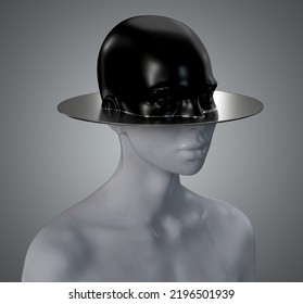 Abstract Cyberpunk Concept Illustration From 3D Rendering Of A Female Bust Sculpture Head-cut By A Shining Metal Disc In Black And White Marble And Isolate On Background.