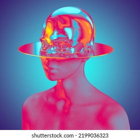 Abstract Cyberpunk Concept Illustration From 3D Rendering Of A Female Bust Sculpture Head-cut By A Shining Metal Disc And Isolated On Background In Colourful Vaporwave Style.