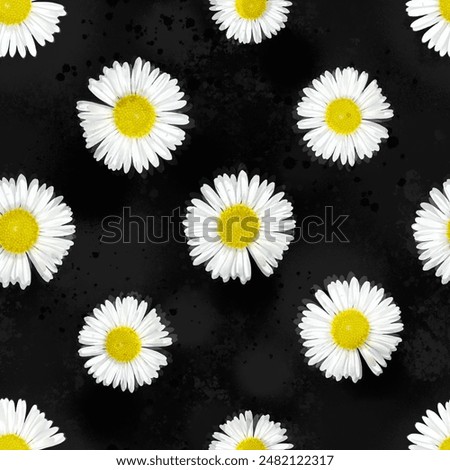 Abstract Daisy Flowers Seamless Pattern with Tie Dye Ink Stains Batik Shadows Isolated Background