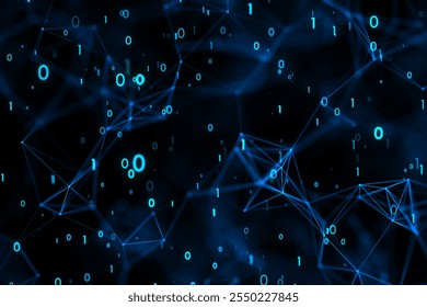 Abstract dark background with binary code, analysis and data transfer concept. 3D rendering