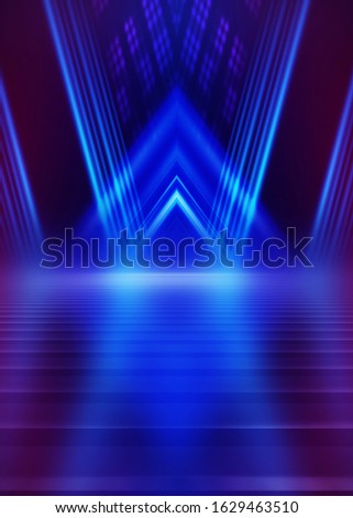 Abstract dark background with blue and pink neon glow. Neon luminous figure in the center of the stage. Light lines on a dark background, smoke, smog