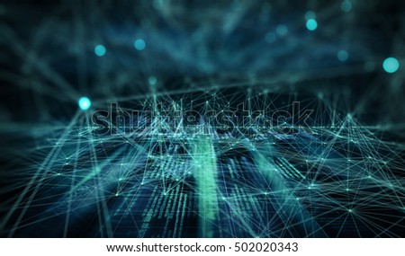 Abstract  dark background with connecting dots and lines. Connection structure digital code. 3d illustration/Dark background with connecting code, dots and lines.
