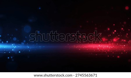 An abstract dark background features a horizontal line of glowing blue and red particles emanating outwards, creating a dynamic light effect.