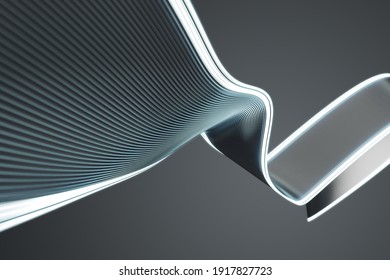 Abstract dark background with luminious wavy tapes. Creative line art. 3D rendering