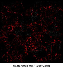 Abstract Dark Black Framed Background With Random Red Draw Shapes And Cube Mosaic Pixel Lines. Grunge Stipple Shapes. Marble Grain Noise Effect. Black Creepy Grungy Swoosh Smudge	
