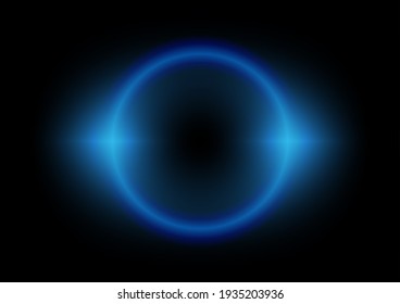 Abstract Dark Blue And Black Color Background With Planet Like Circle Shape And Neon Light Growing At The Edge. Galaxy And Space High Tech Concept.