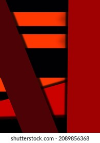 Abstract Dark Bold Red, Orange And Maroon Color Block Geometric Shape And Stripe Layered 3d Illustration On Black Background With Copy Space